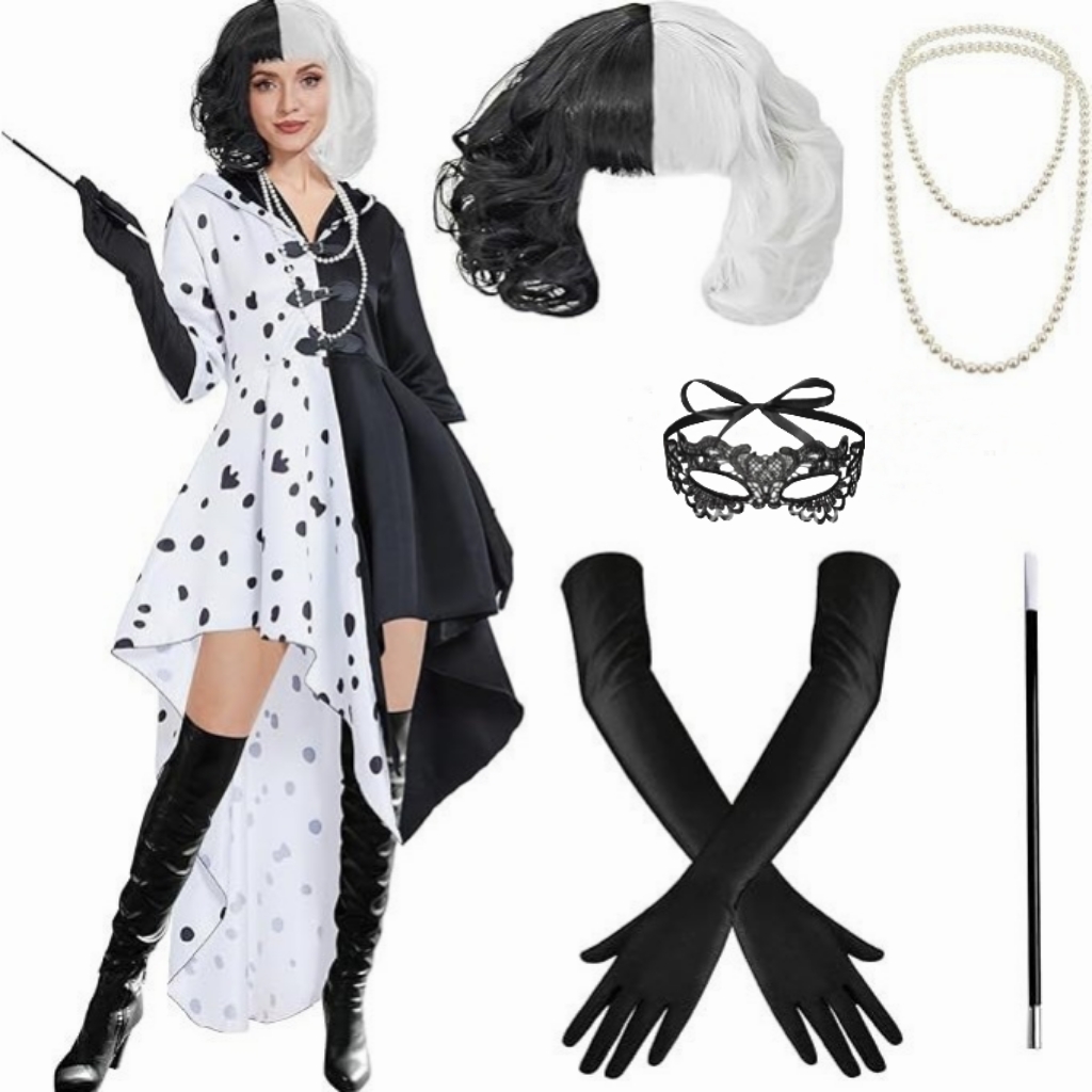 Black Face Mask Pack - Damesgeïnspireerde Cruella Cosplay Set Zwart-Wit Gestippelde